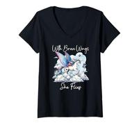 Femme With Brave Wings She Flies Butterfly Pink Unicorn Rainbow T-Shirt avec Col en V