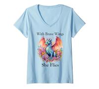 Femme With Brave Wings She Flies Dragon Wing Floral Pink Flower T-Shirt avec Col en V
