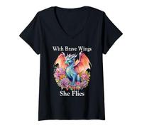 Femme With Brave Wings She Flies Dragon Wing Floral Pink Flower T-Shirt avec Col en V