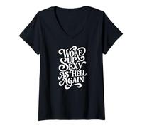 Femme Woke Up Sexy As Hell Again Cute Cottagecore Funny Typography T-Shirt avec Col en V