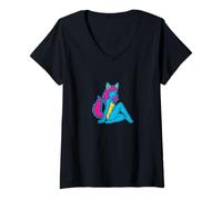 Femme Wolf Girl Pinup rétro I Bite Furry Fursona Fantasy Art T-Shirt avec Col en V