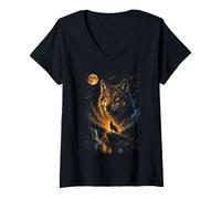Femme Wolf Howling at Moon Retro 90s T-Shirt avec Col en V