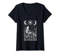 Femme Wolf Lover Moon Folk Art Céleste Nature Linogravure Graphique T-Shirt avec Col en V
