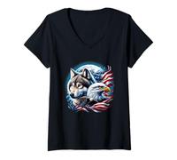 Femme Wolf Pygargue à tête blanche drapeau américain pleine lune nouvel an amoureux du loup T-Shirt avec Col en V