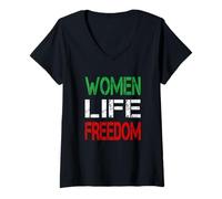 Femme Women Life Freedom - Lettres rouges, blanches, vertes vieillies T-Shirt avec Col en V