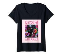 Femme Womens Black Queen Blossom African Melanin Face T-Shirt T-Shirt avec Col en V