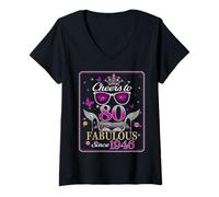 Femme Womens Cheers to 80 Years Old EST 1990 80th Birthday Queen T-Shirt avec Col en V