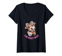 Femme Womens Girls I Do What I Want Leopard Print Bow Pitbull Dog T-Shirt avec Col en V