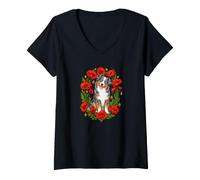 Femme Womens Red Poppy Flower Blue Merle Australian Shepherd Lover T-Shirt avec Col en V
