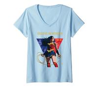 Femme Wonder Woman 80th Believe in Many Faces of Wonder T-Shirt avec Col en V, Bleu Céleste, S