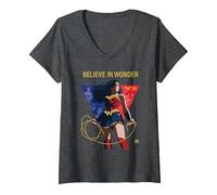 Femme Wonder Woman 80th Believe in Many Faces of Wonder T-Shirt avec Col en V, Chiné Foncé, M