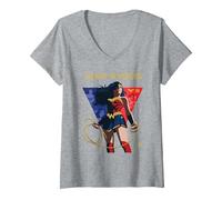 Femme Wonder Woman 80th Believe in Many Faces of Wonder T-Shirt avec Col en V, Gris Chiné, S