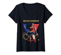 Femme Wonder Woman 80th Believe in Many Faces of Wonder T-Shirt avec Col en V, Noir, S