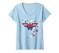 Femme Wonder Woman Swirling Stars 4th of July T-Shirt avec Col en V, Bleu Céleste, XL