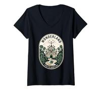 Femme Wonderland Down The Rabbit Hole Chat Souriant Emblem T-Shirt avec Col en V