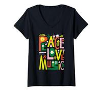 Femme Woodstock Peace Love Music T-Shirt avec Col en V