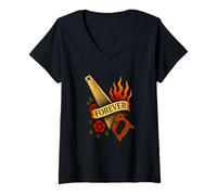 Femme Woodworking Forever Vintage Saw Flame Tattoo, Art de la Vieille école T-Shirt avec Col en V
