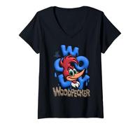 Femme Woody Woodpecker Blue Graffiti Pop Style T-Shirt avec Col en V