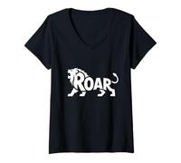 Femme Word Art du Lion Rugissant - Design Force et Leadership du Zodiaque Lion T-Shirt avec Col en V