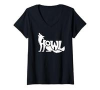 Femme Word Art Loup Hurlant - Motif forêt Nocturne et Esprit Solitaire T-Shirt avec Col en V