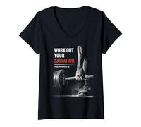 Femme Work Out Your Salvation - Philippians 2:12 Christian Faith T-Shirt avec Col en V