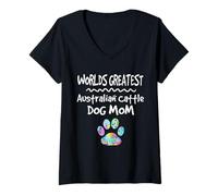 Femme Worlds Greatest Australian Battle Dog Mom Mother Paw Print T-Shirt avec Col en V