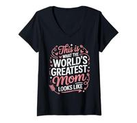 Femme World's Greatest Mom Typographie Cœurs Flèches Mama T-Shirt avec Col en V