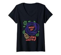 Femme Wrap Up Stay Warm Écharpe Lanterne Feuilles T-Shirt avec Col en V