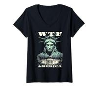 Femme WTF America Angry Statue de la Liberté Maison Blanche Drapeau USA T-Shirt avec Col en V