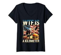 Femme WTF est un pistolet à hamburger American Eagle patriotique amusant d'un kilomètre T-Shirt avec Col en V