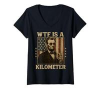 Femme WTF Is A Kilometer Abraham Lincoln Drapeau américain du 4 juillet T-Shirt avec Col en V