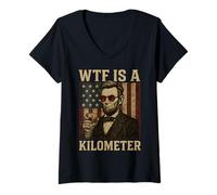 Femme WTF Is A Kilometer Abraham Lincoln Drapeau américain du 4 juillet T-Shirt avec Col en V