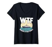 Femme WTF Where's The Ferry Funny Summer Island Voyage Sea Humour T-Shirt avec Col en V