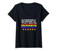 Femme Wuppertal Pride Drapeau Arc-en-Ciel Gay Lesbienne Queer LGBT T-Shirt avec Col en V