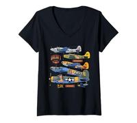 Femme WW2 Fighter Planes Tshirt B-17 P51 Mustang F4U Corsair T-Shirt avec Col en V