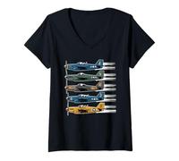 Femme WW2 Fighter Planes Tshirt B-17 P51 Mustang F4U Corsair T-Shirt avec Col en V