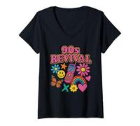 Femme Y2K 90s Revival Retro Nostalgie Rainbow Butterfly Flower T-Shirt avec Col en V