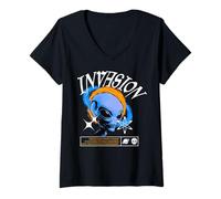 Femme Y2K Alien Invasion - Graffiti Urbain Audacieux esthétique T-Shirt avec Col en V