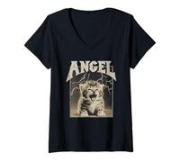 Femme Y2K Cat Cute Silly Angel 90s 2000s Grunge Vintage Graphic T-Shirt avec Col en V