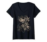 Femme Y2k Grunge 2000s Skull Star Emo Harajuku Goth Scene Brown T-Shirt avec Col en V
