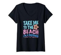Femme Y2K Take Me to The Beach I'm a Mermaid Retro 2000s Esthétique T-Shirt avec Col en V
