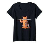 Femme Yakuza Tatouage chat samouraï japonais orange chat graphique T-Shirt avec Col en V