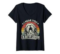 Femme Yawn Bearded Collie I Heard You I'm Just Not Listening Retro T-Shirt avec Col en V