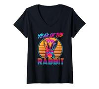 Femme Year of The Rabbit Retro Vintage 80s Funny Bunny Lover T-Shirt avec Col en V