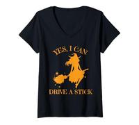 Femme Yes I Can Drive A Stick Halloween Funny Witch Scary Costume T-Shirt avec Col en V