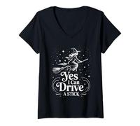 Femme Yes I Can Drive A Stick Halloween Witch Spooky Balai Stick T-Shirt avec Col en V
