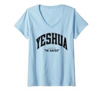 Femme Yeshua il Sauve Les Hommes, Les Femmes et Les Enfants chrétiens Aiment Dieu et Jésus T-Shirt avec Col en V