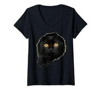 Femme Yeux d'ambre de Chat Noir Mystique regardant à Travers T-Shirt avec Col en V