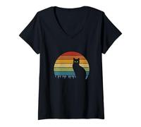 Femme Yeux de Chat avec Fond à Rayures Vintage T-Shirt avec Col en V