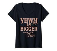 Femme YHWH est Plus Grand Que ta Peur Hébreu Chrétien T-Shirt avec Col en V